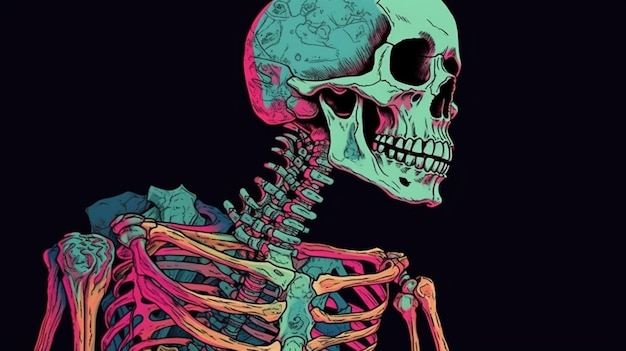 A colorful illustration of a skeleton with the word skull on it.