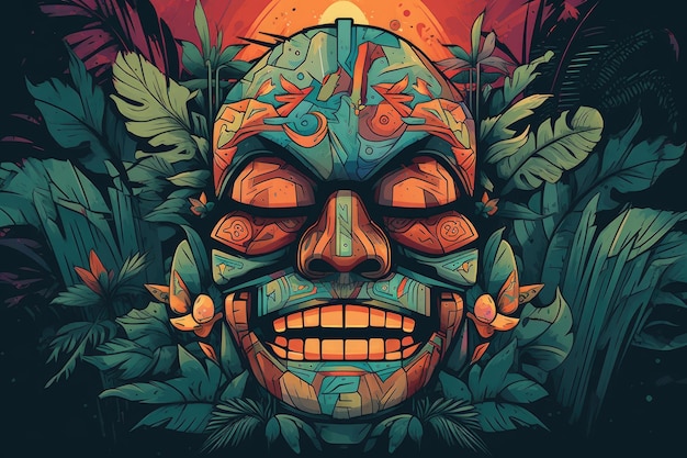 A colorful illustration of a skull with a face in the middle of the jungle