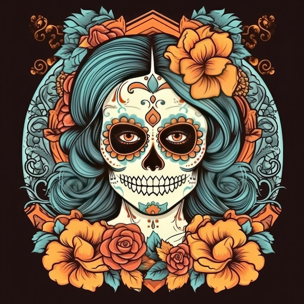 A colorful illustration of a skull with floral designs