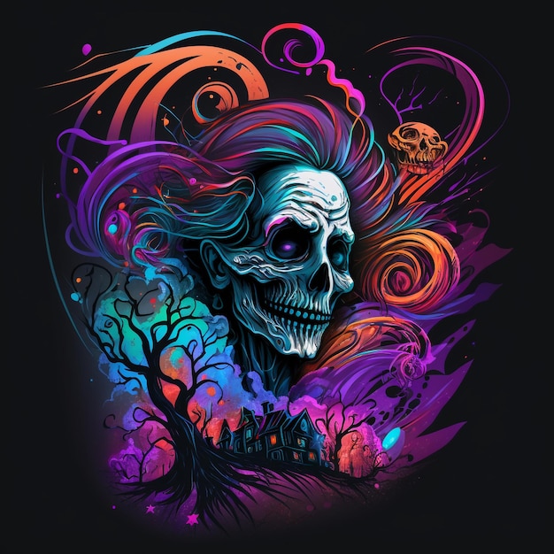 A colorful illustration of a skull with a tree and clouds in the background.