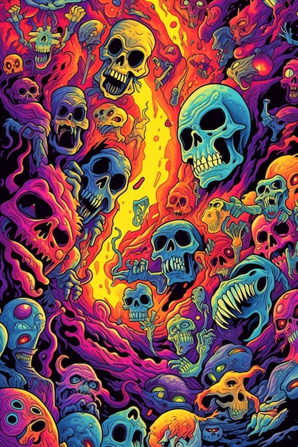 A colorful illustration of skulls and flames.