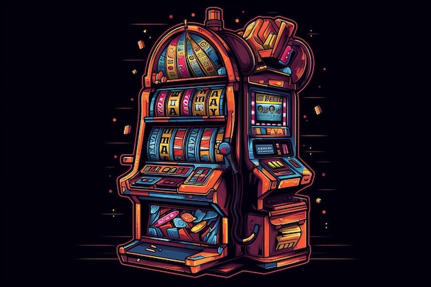 A colorful illustration of a slot machine with the word casino on it.