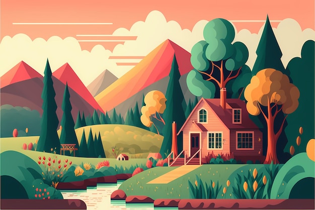 A colorful illustration of a small house in a forest with mountains in the background.