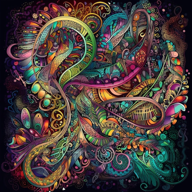 A colorful illustration of a snake with many colors and swirls.