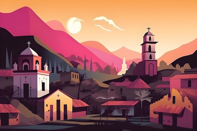 A colorful illustration of a South American town with a church in the background