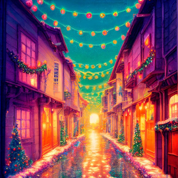 Colorful illustration of street in christmas