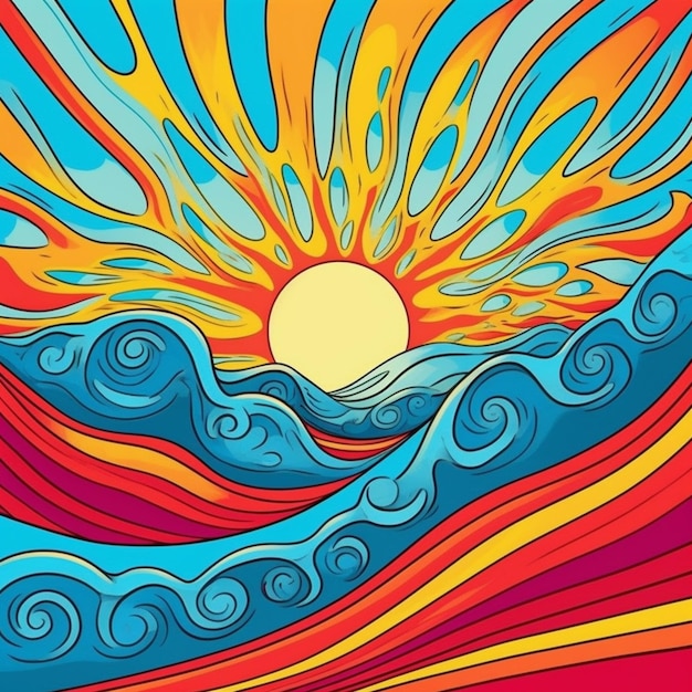 A colorful illustration of a sun rising over a wave generative ai