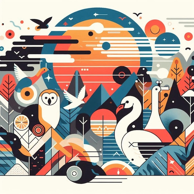 a colorful illustration of swans and birds in a colorful landscape