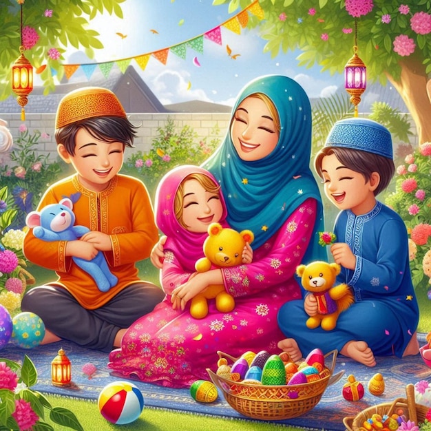 a colorful illustration of three children and a basket of eggs with the word happy on it