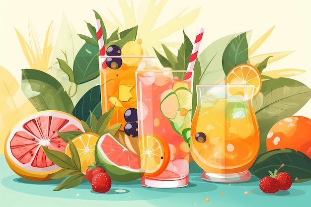 A colorful illustration of three glasses of fruit juice with straws and a blueberry.