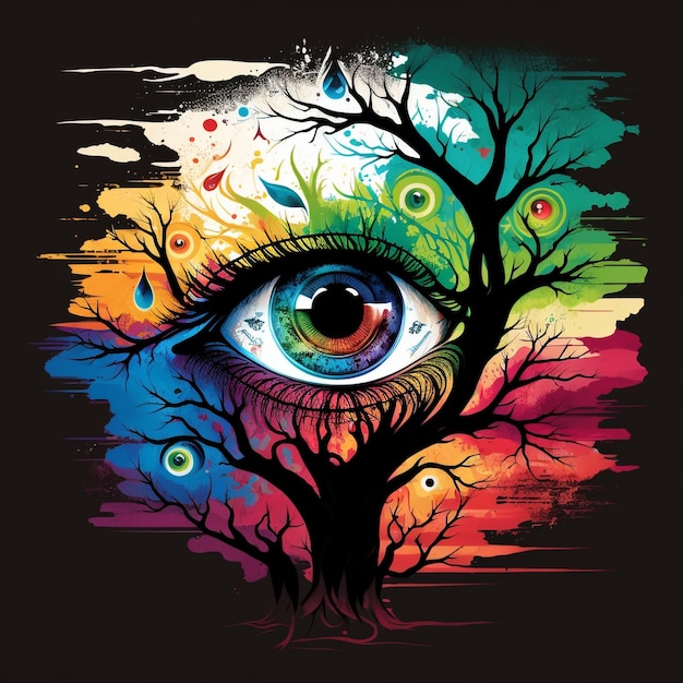 A colorful illustration of a tree with the eye and the word eye on it