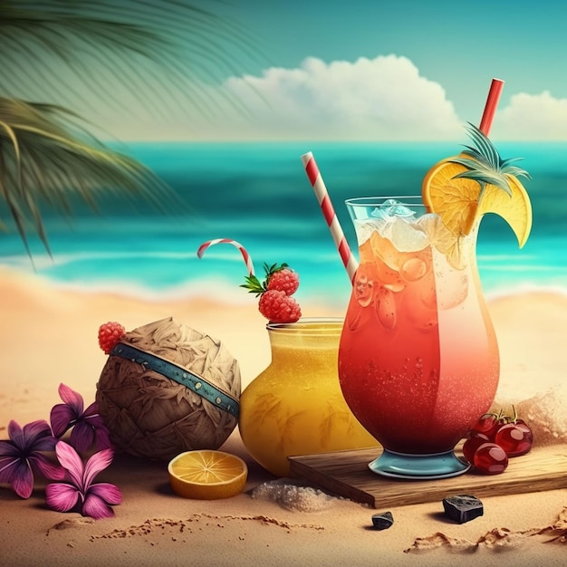 A colorful illustration of a tropical drink on a beach.