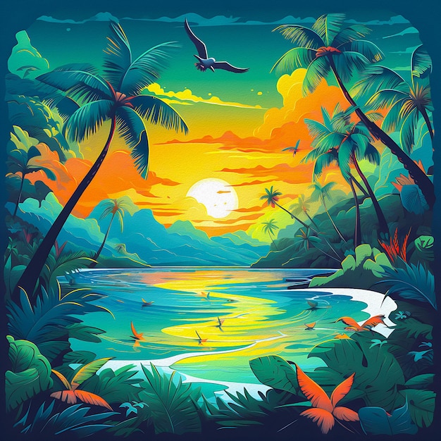 A colorful illustration of a tropical landscape with palm trees and birds.