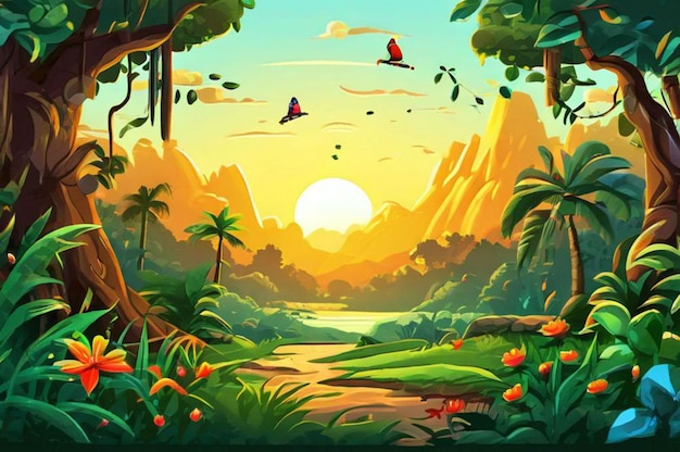 a colorful illustration of a tropical landscape with a river and tropical forest