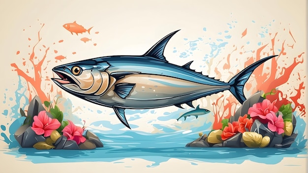 Colorful Illustration of tuna fish isolated on background world tuna day Generative AI