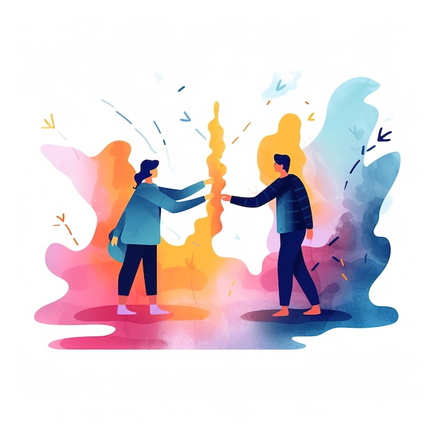 Photo a colorful illustration of two men reaching up to each other