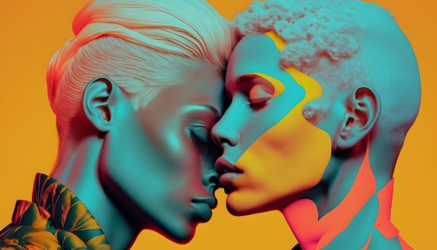 A colorful illustration of two women kissing each other.