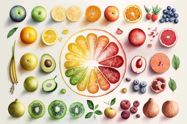 A colorful illustration of a variety of fruits including kiwi, kiwi, blueberries, and kiwi.