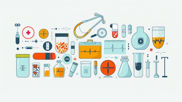 Photo colorful illustration of various medical supplies and equipment showcasing diverse healthcare tools and medications