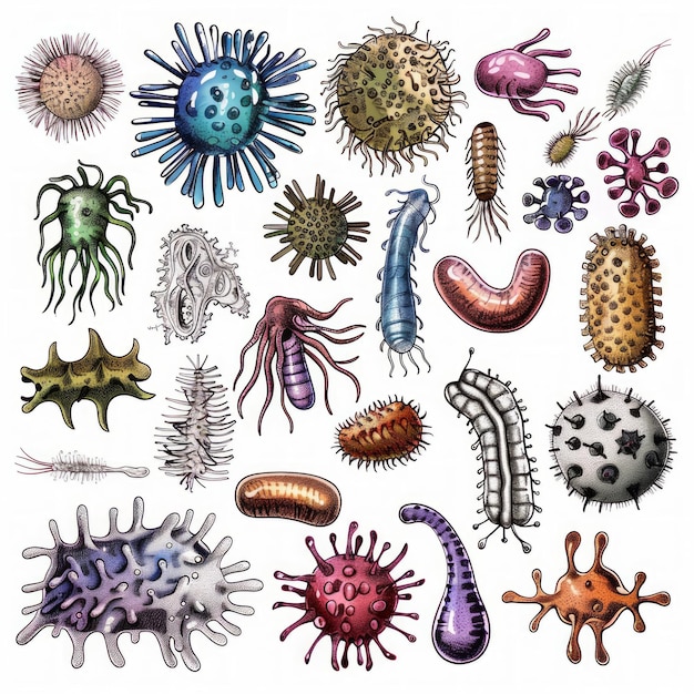 Photo colorful illustration of various microscopic organisms including bacteria viruses and parasites