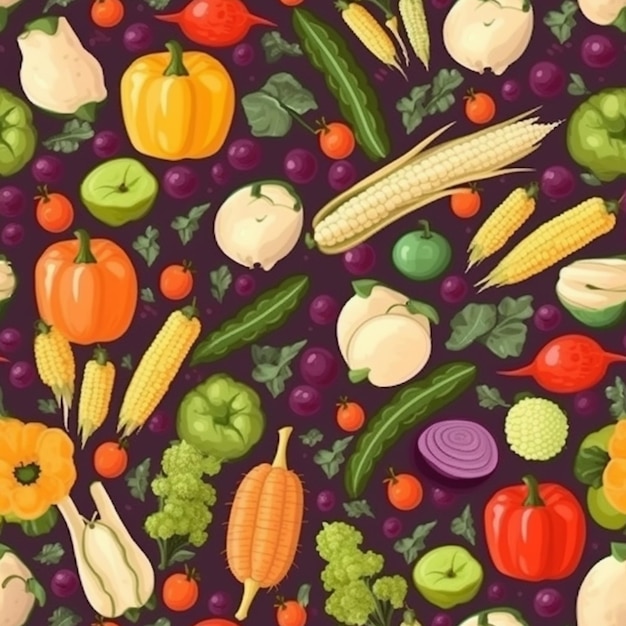 A colorful illustration of vegetables on a purple background.