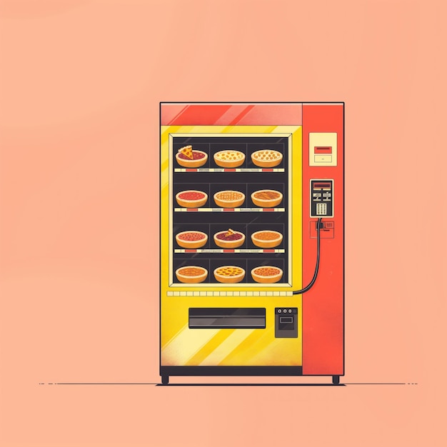 Colorful illustration of a vending machine filled with various American pies against a minimalist