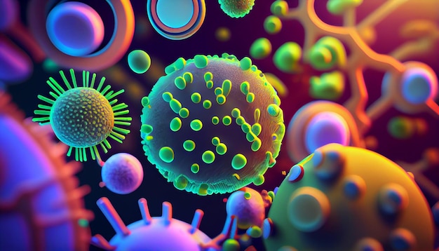 A colorful illustration of a virus and a cell with the word virus on it.