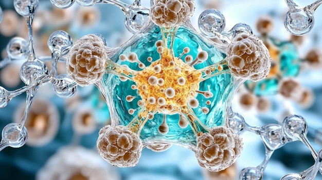 a colorful illustration of a virus with a blue background