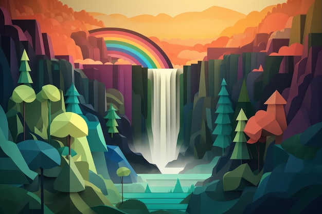 A colorful illustration of a waterfall with a rainbow in the background.