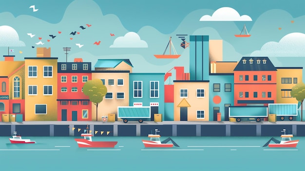 Photo colorful illustration of a waterfront city with buildings boats and trucks