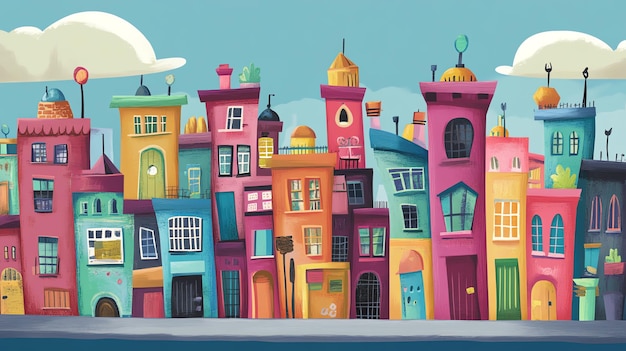 Photo a colorful illustration of a whimsical city with buildings of various sizes and shapes