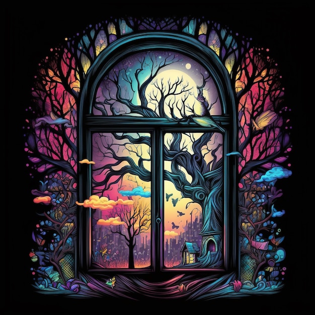 A colorful illustration of a window with a tree in the middle.