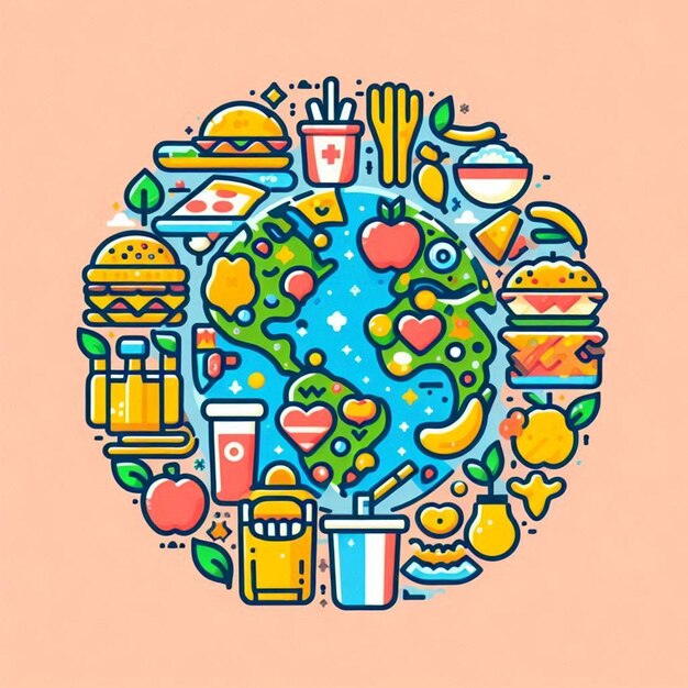 Photo a colorful illustration with a circle of food and a picture of a heart with the words food on it