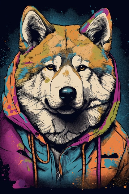 A colorful illustration of a wolf wearing a hoodie.