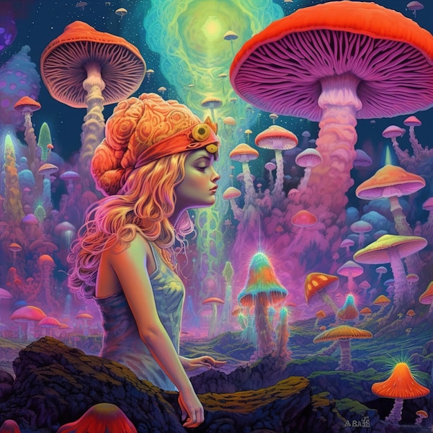 A colorful illustration of a woman in a dress and hat looking at mushrooms