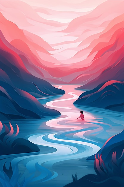 A colorful illustration of a woman floating in a river.