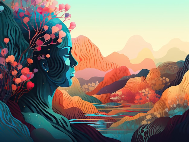 A colorful illustration of a woman looking at a lake outdoor explore travel illustration