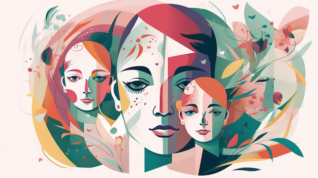 A colorful illustration of a woman's face with a woman's face in the center.