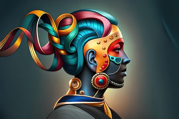 A colorful illustration of a woman with a colorful hairdo.