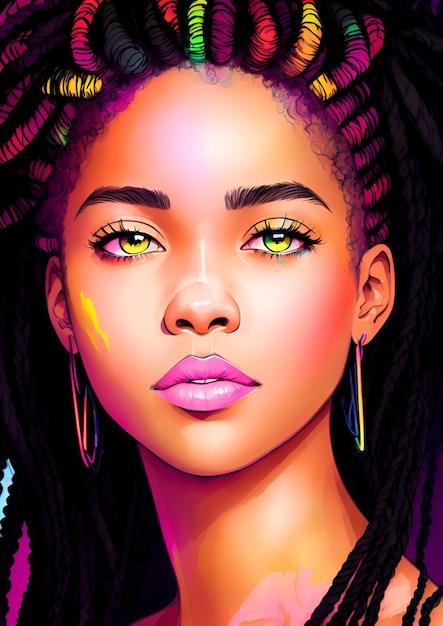 A colorful illustration of a woman with dreadlocks and a pink and yellow hairdo.