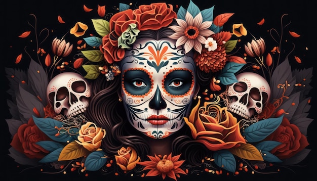 A colorful illustration of a woman with flowers on her face.