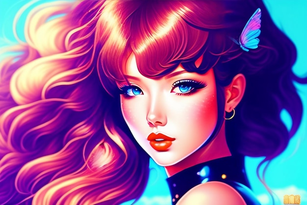 A colorful illustration of a woman with long hair and a butterfly on her head.