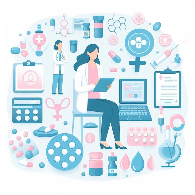 a colorful illustration of a woman working on a computer with a picture of a woman working on her computer