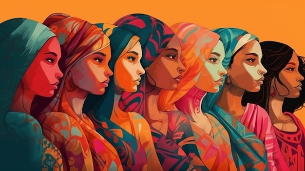 A colorful illustration of women in a line with the word love on the front.