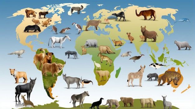 A colorful illustration of a world map with various animals from different continents