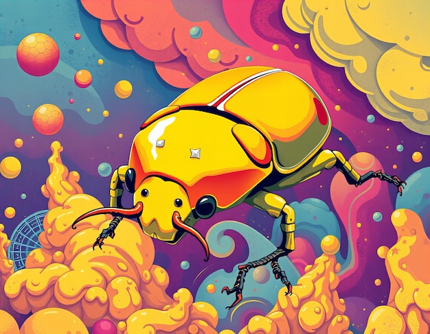 a colorful illustration of a yellow bug with a star on it