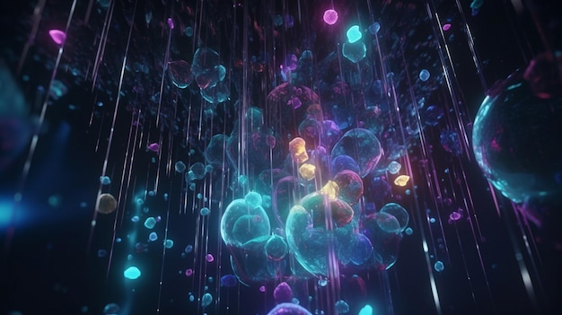 A colorful image of bubbles and lights in a dark room.