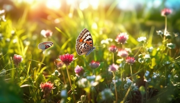 A colorful image of clover and butterflies in nature's sunlight Generative AI