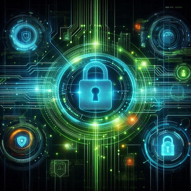 a colorful image of a computer screen with a lock lock and a green background