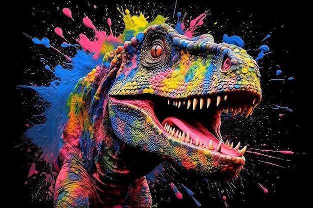 A colorful image of a dinosaur with the mouth open.